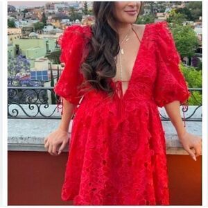For‎ Love and Lemons Leighton Red Lace Mini Dress Puff Sleeves Boho Size Medium